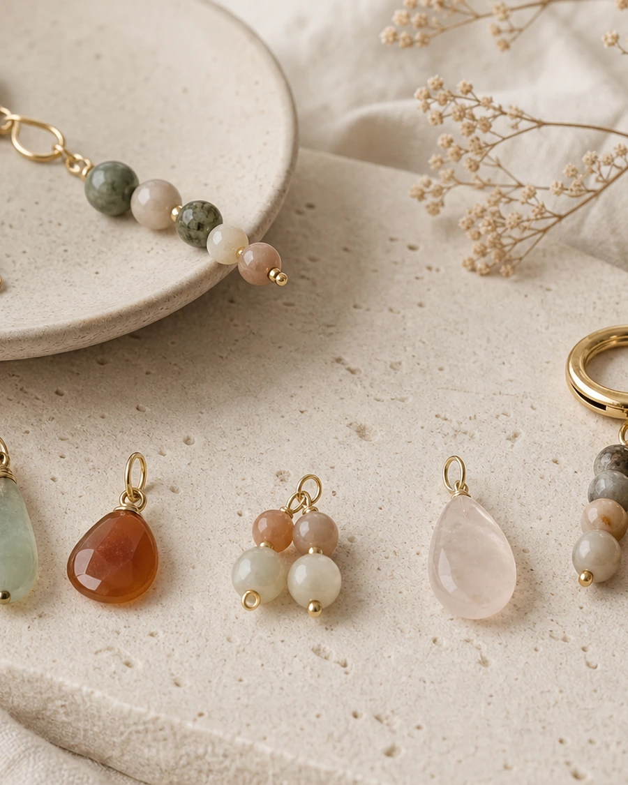 Natural stone charms and keychains arranged on a pale surface