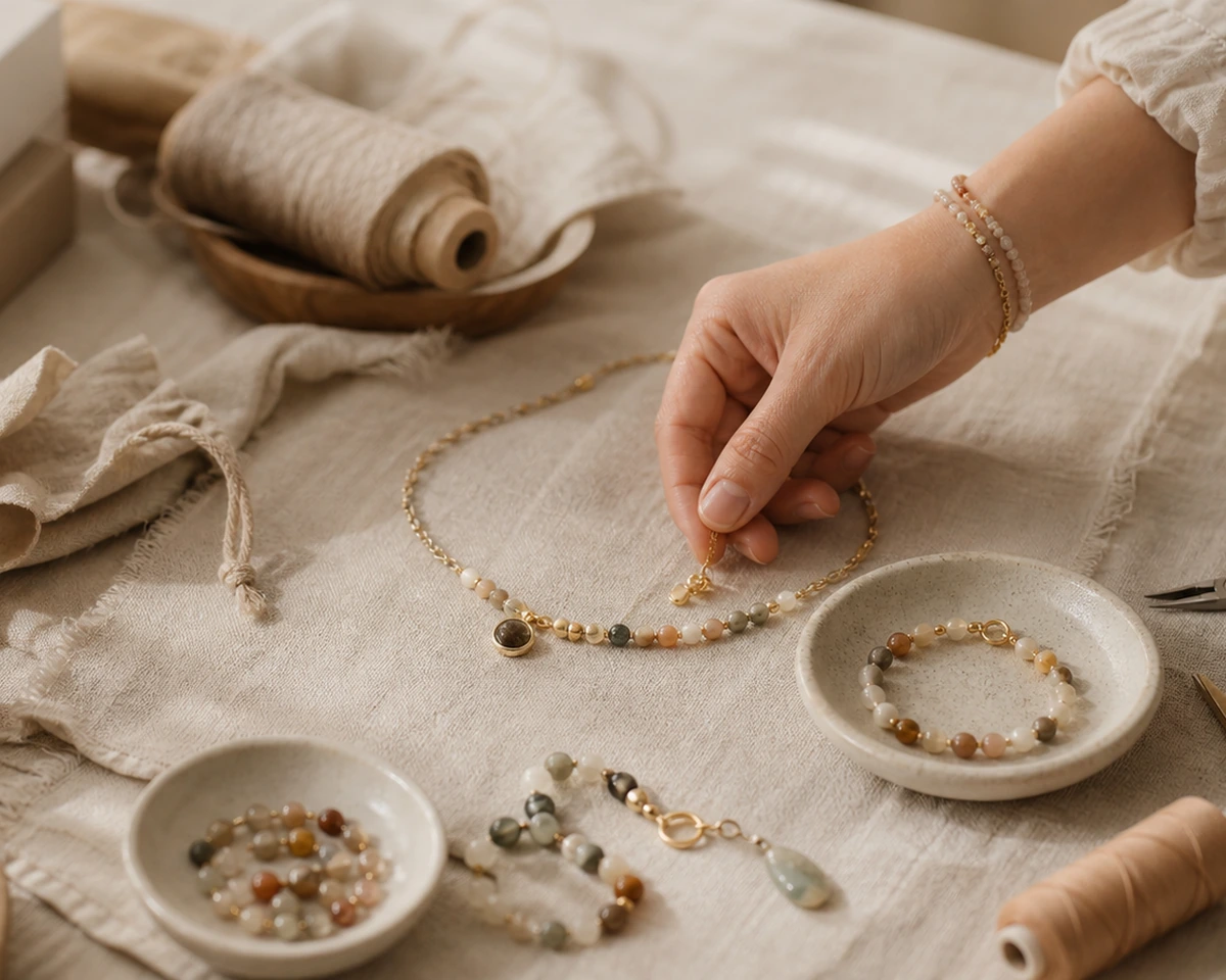 Held Stone jewelry and making tools on a warm worktable