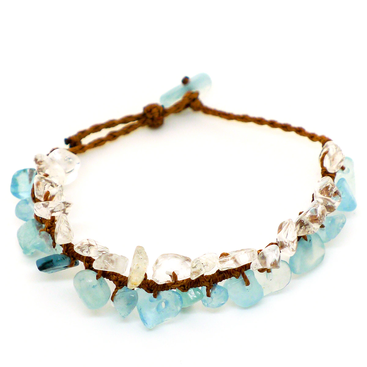 Handmade aquamarine and clear quartz chip macrame bracelet on brown waxed cord