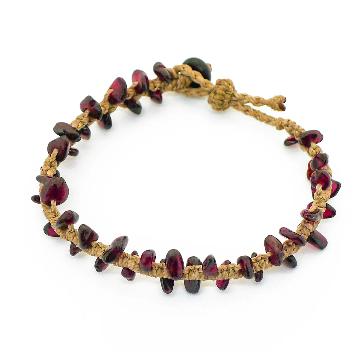 Handmade adjustable garnet chip macrame bracelet with brown waxed cord on white background