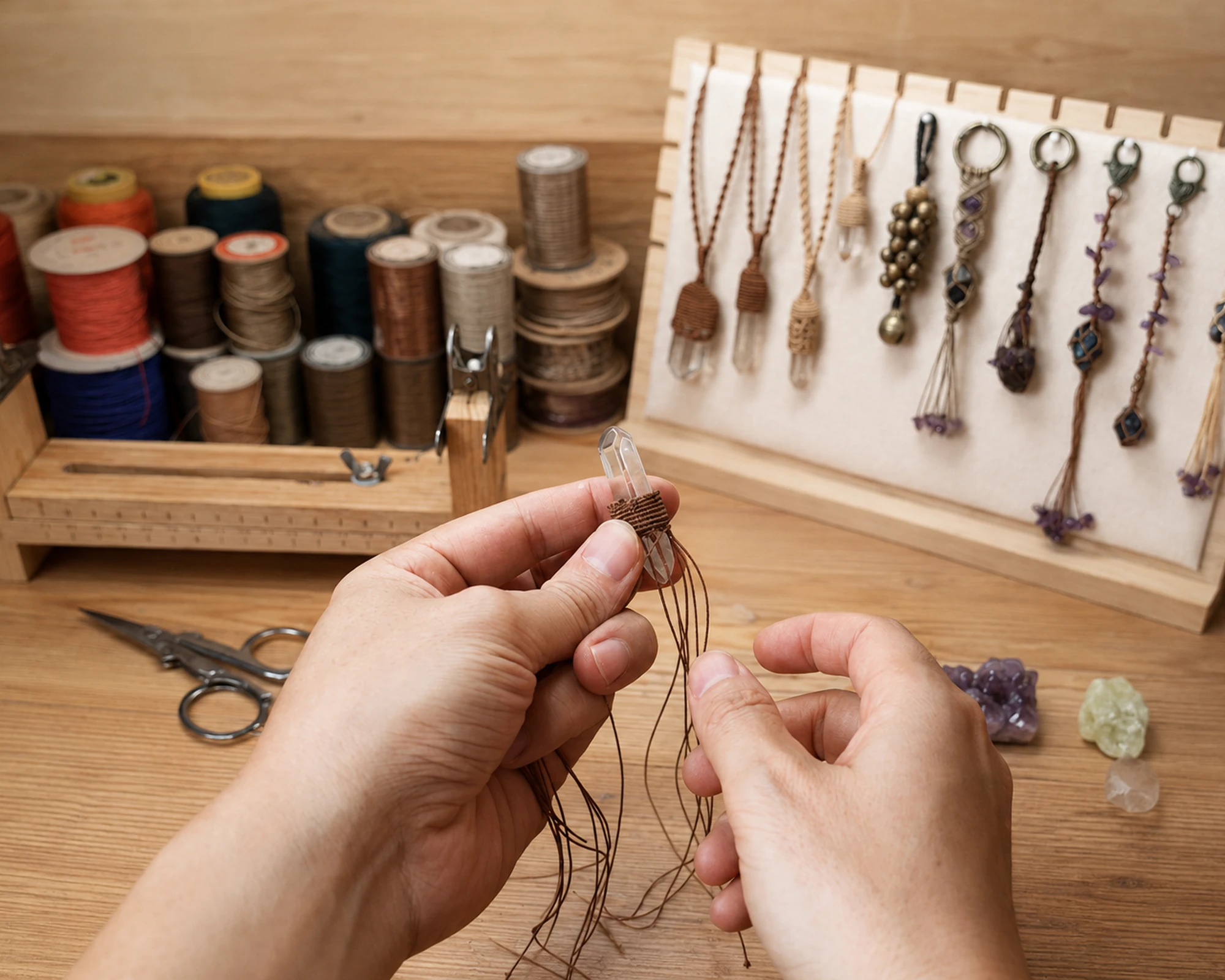 Held Stone jewelry and making tools on a warm worktable