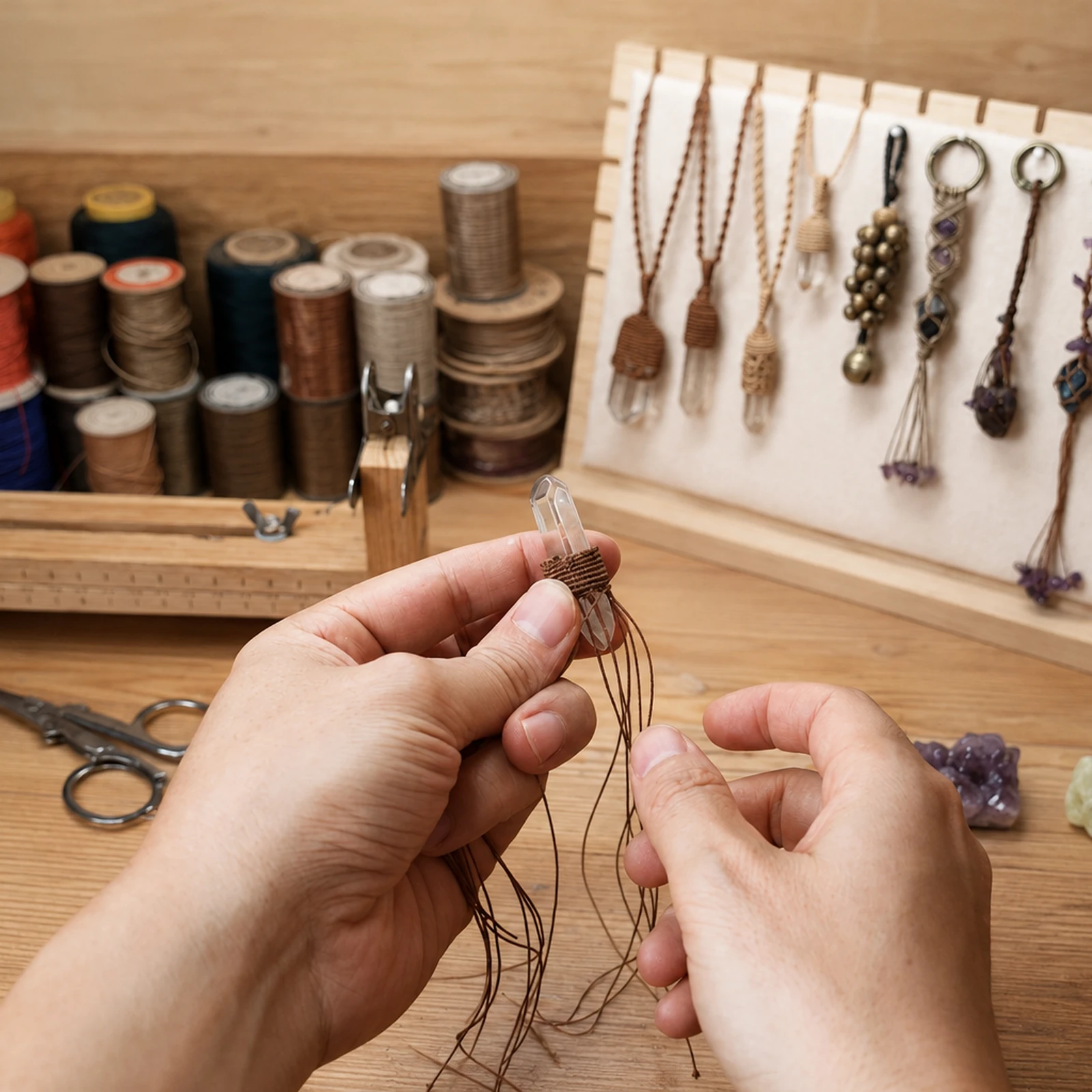 Hands working with cord and a clear crystal at the Held Stone jewelry workbench.