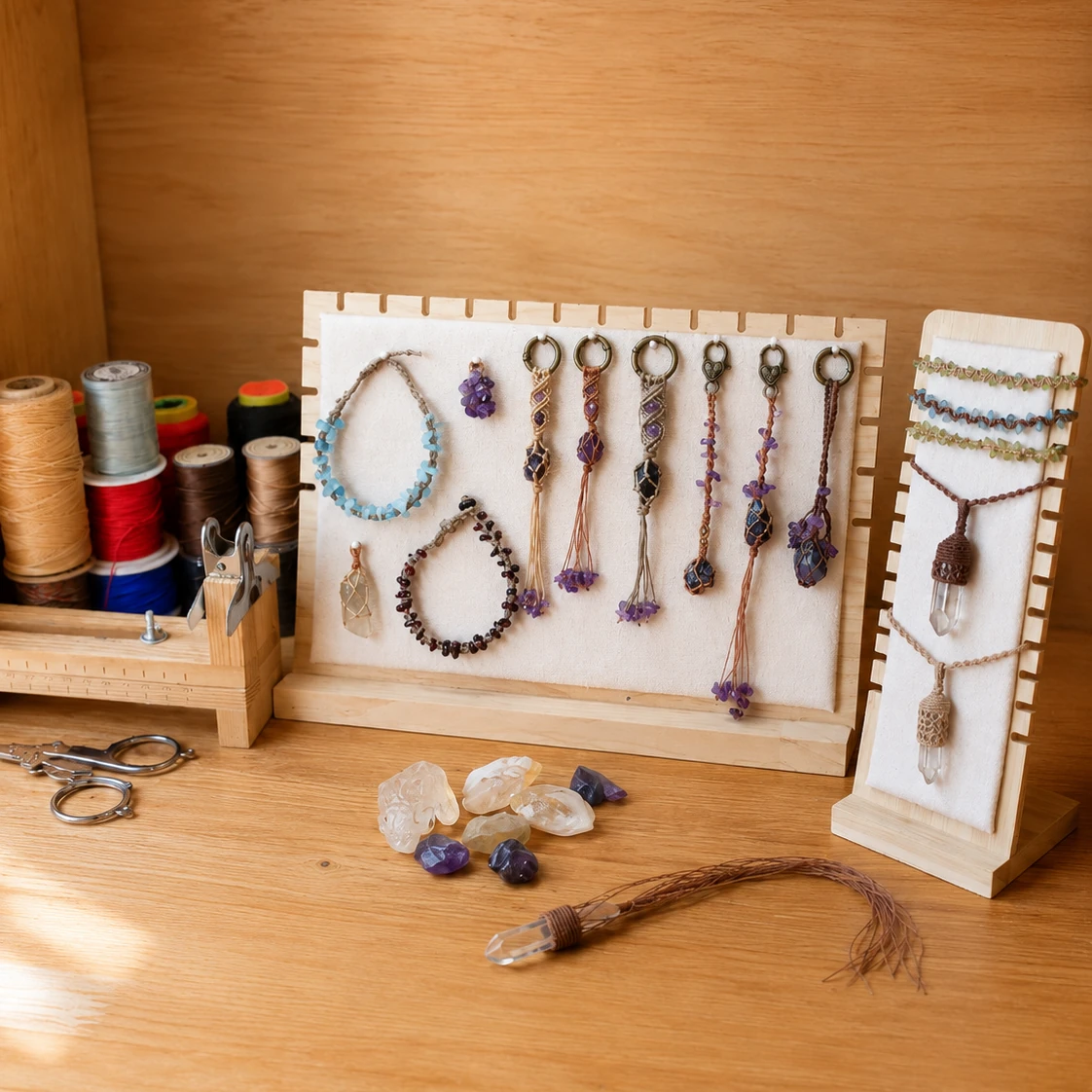 A real jewelry worktable with tools, cord, stones, and handmade pieces.