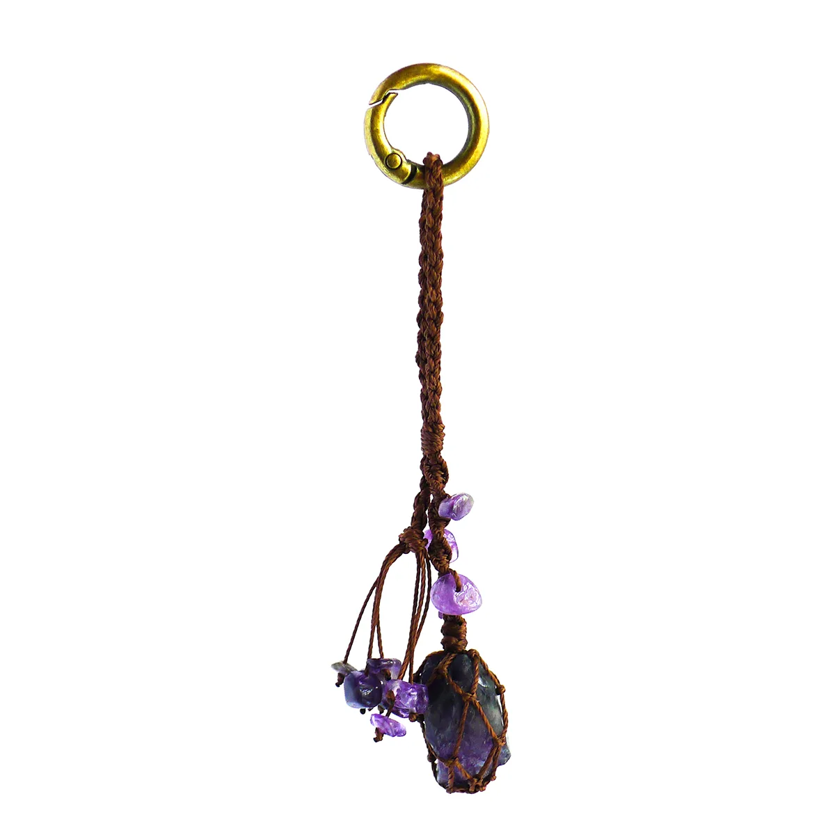 Violet Thread raw amethyst keychain photographed on a white background. Shows macrame cord, key ring, and amethyst stone detail.