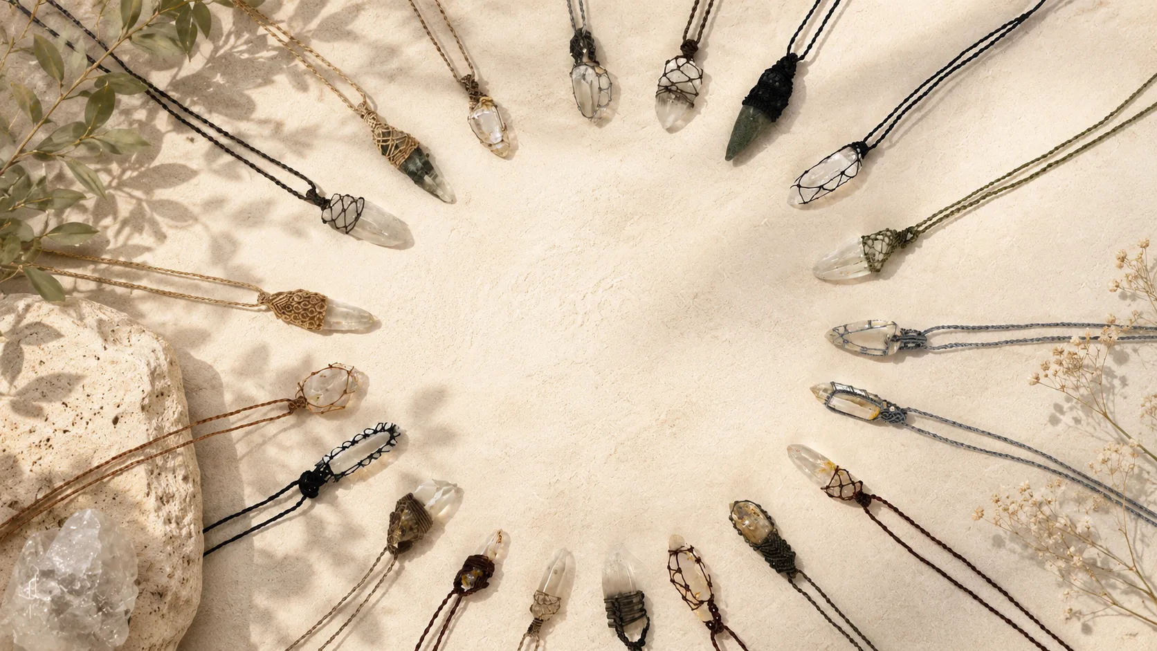 Natural crystal necklaces arranged in a circle on a warm neutral surface