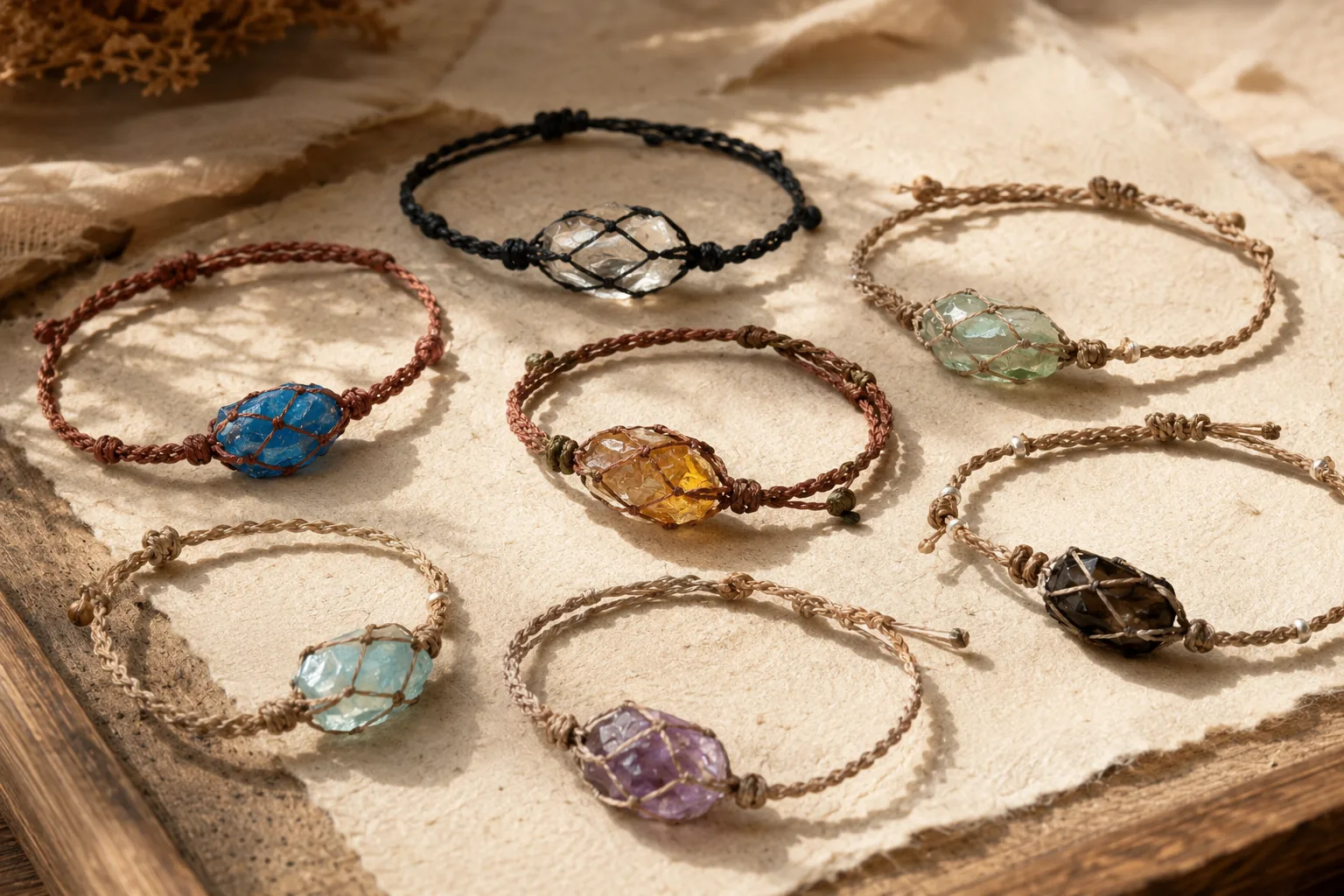 Handmade natural stone bracelets arranged on a warm neutral surface