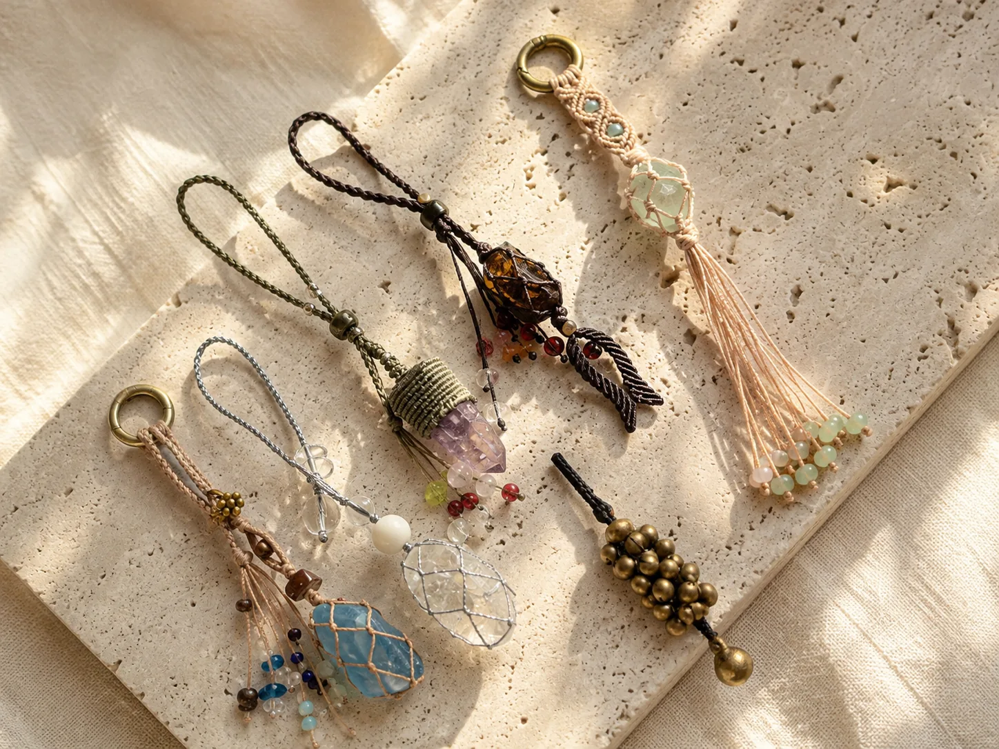 Handmade natural stone charms and keychains arranged on a warm neutral surface