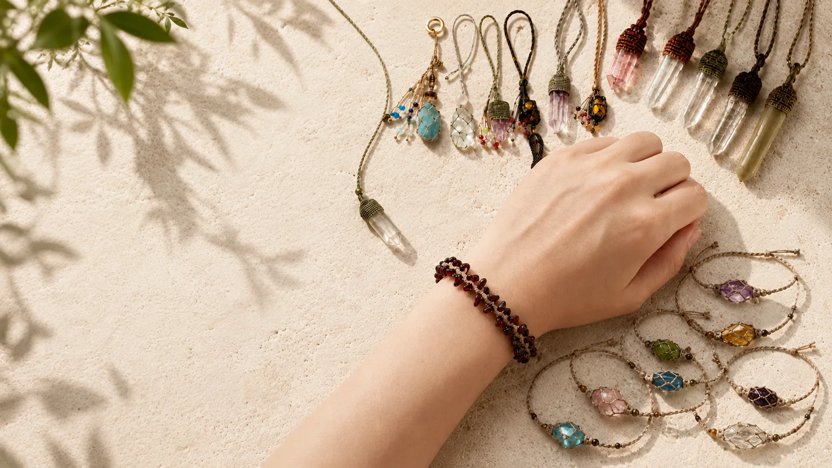 Handmade natural stone jewelry arranged in warm sunlight with a garnet bracelet worn by hand